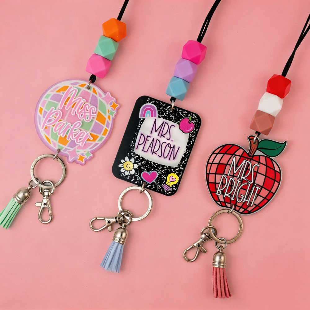Personalized Teacher Lanyard, Custom Name Badge Holder, Beaded Keychain Lanyard, Cute Teacher Gift, ID Badge Reel Alternative, Back to School Gift