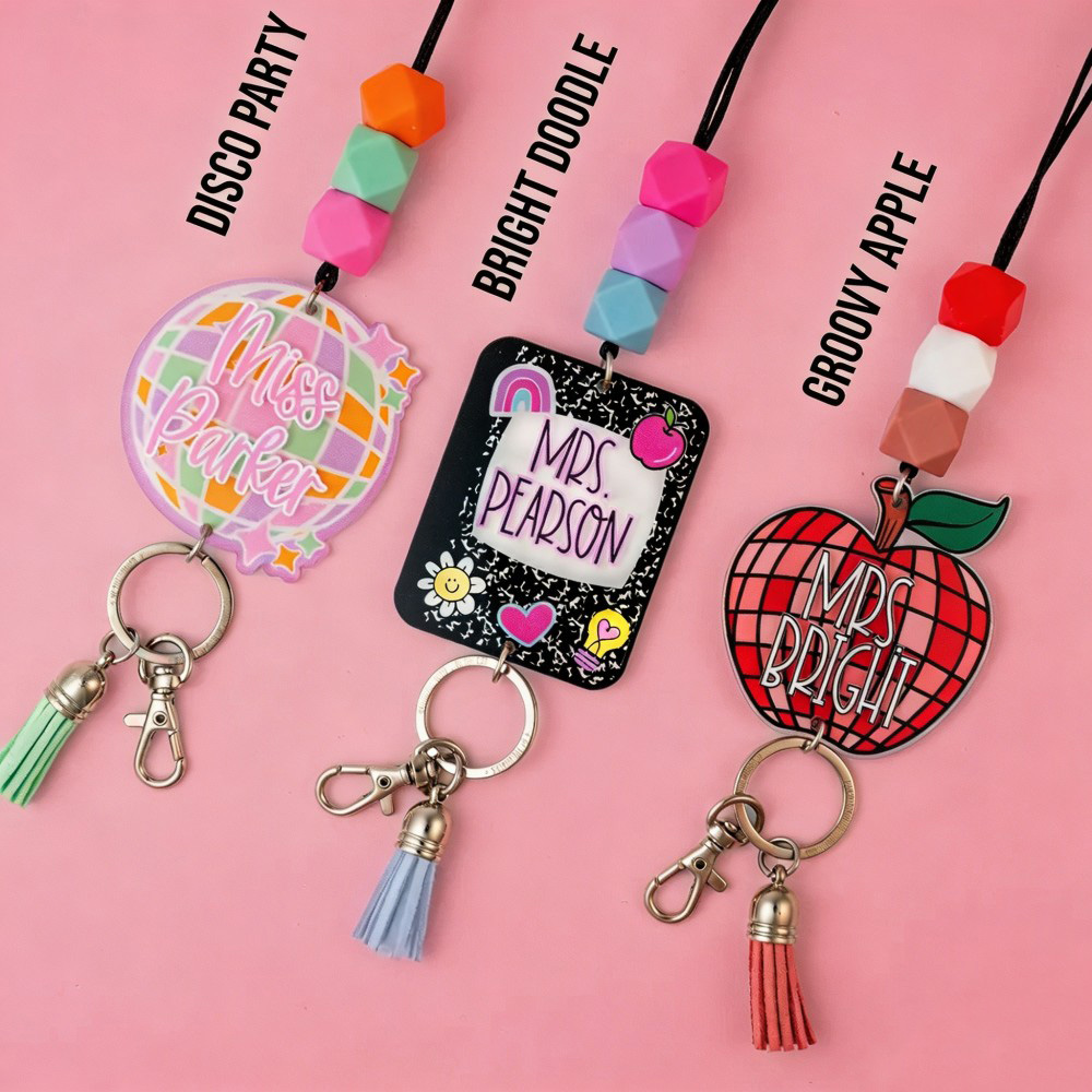 Personalized Teacher Lanyard, Custom Name Badge Holder, Beaded Keychain Lanyard, Cute Teacher Gift, ID Badge Reel Alternative, Back to School Gift
