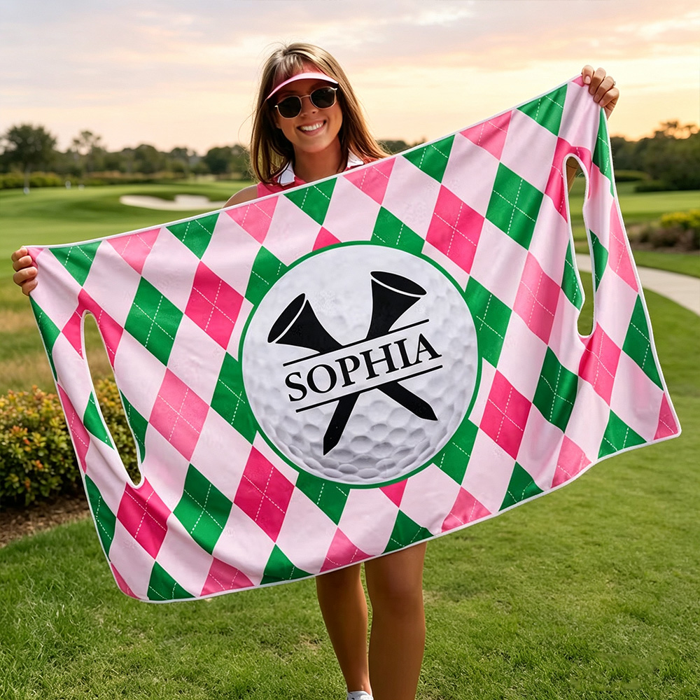 Personalised Argyle Golf Cart Seat Cover with Monogram and Name, Colourful Golf Ball Bench Protector, Birthday Gift for Golfers