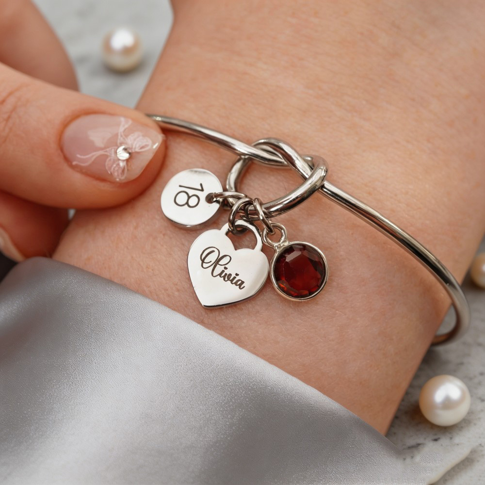 Personalized Birthstone Heart Bracelet, Custom Name Bracelet, Milestone Birthday Gift, Gold Knot Bangle Bracelet for Her, 13th 16th 18th 21st 30th Birthday