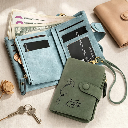 Personalised Birth Flower Tri-Fold PU Leather Wallet with Name, Multi-Card Holder and Wrist Strap, Birthday Gift for Women