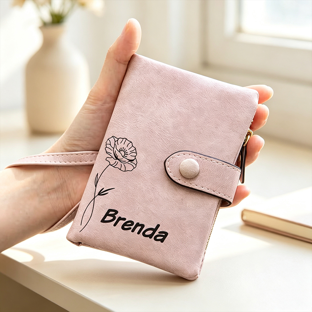 Personalised Birth Flower Tri-Fold PU Leather Wallet with Name, Multi-Card Holder and Wrist Strap, Birthday Gift for Women