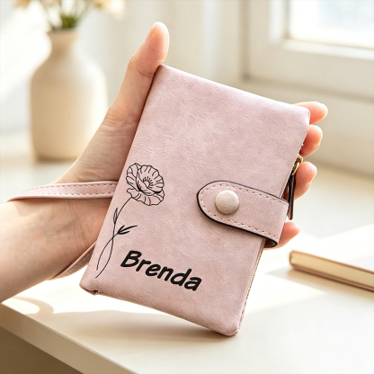 Personalised Birth Flower Tri-Fold PU Leather Wallet with Name, Multi-Card Holder and Wrist Strap, Birthday Gift for Women