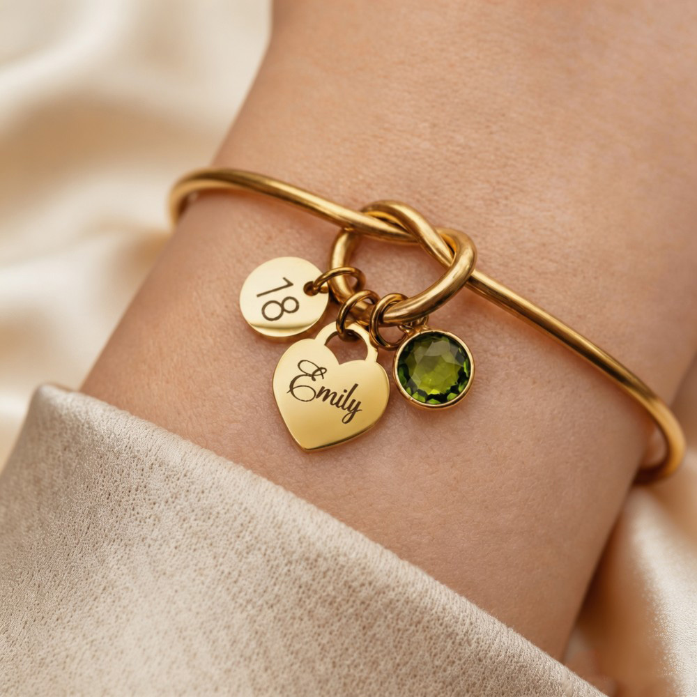 Personalized Birthstone Heart Bracelet, Custom Name Bracelet, Milestone Birthday Gift, Gold Knot Bangle Bracelet for Her, 13th 16th 18th 21st 30th Birthday