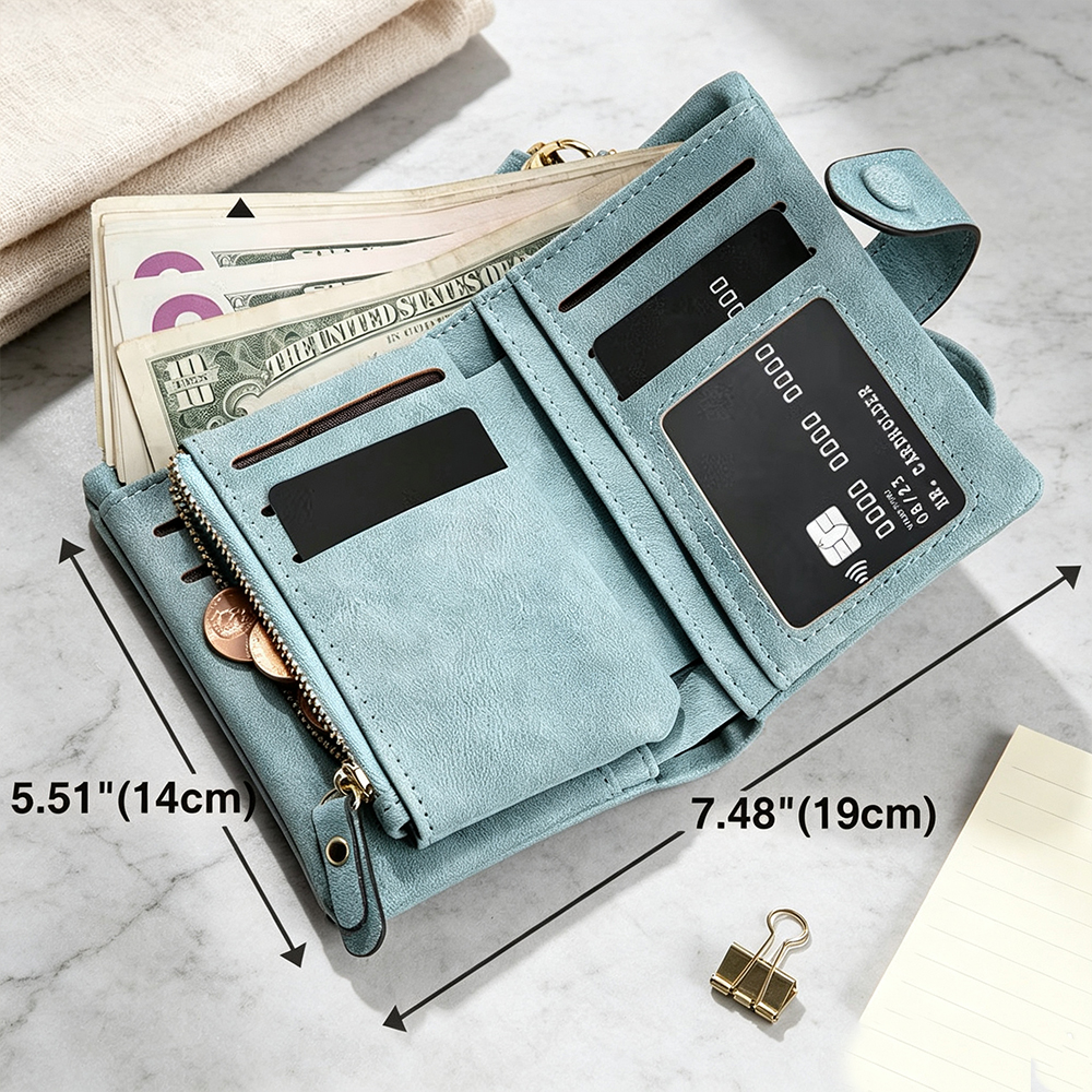 Personalised Birth Flower Tri-Fold PU Leather Wallet with Name, Multi-Card Holder and Wrist Strap, Birthday Gift for Women
