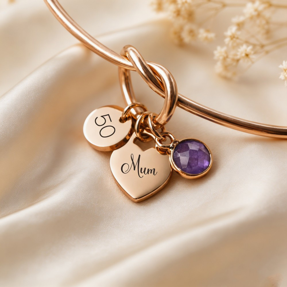 Personalized Birthstone Heart Bracelet, Custom Name Bracelet, Milestone Birthday Gift, Gold Knot Bangle Bracelet for Her, 13th 16th 18th 21st 30th Birthday