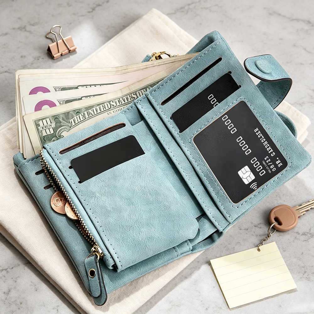 Personalised Birth Flower Tri-Fold PU Leather Wallet with Name, Multi-Card Holder and Wrist Strap, Birthday Gift for Women