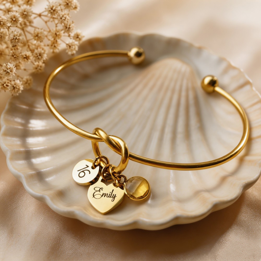 Personalized Birthstone Heart Bracelet, Custom Name Bracelet, Milestone Birthday Gift, Gold Knot Bangle Bracelet for Her, 13th 16th 18th 21st 30th Birthday