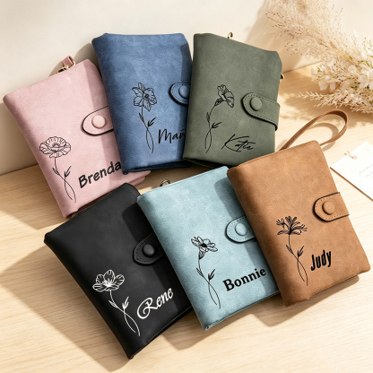 Personalised Birth Flower Tri-Fold PU Leather Wallet with Name, Multi-Card Holder and Wrist Strap, Birthday Gift for Women