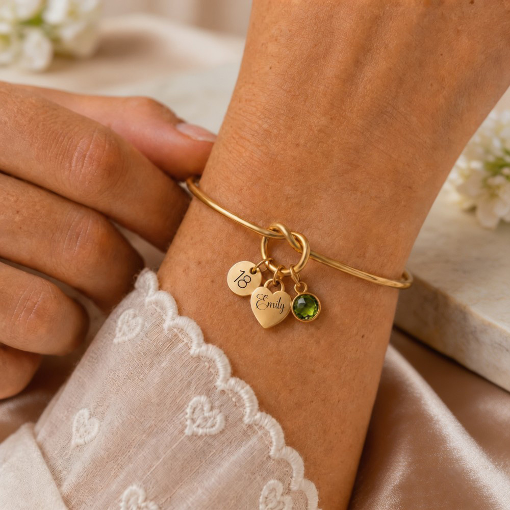 Personalized Birthstone Heart Bracelet, Custom Name Bracelet, Milestone Birthday Gift, Gold Knot Bangle Bracelet for Her, 13th 16th 18th 21st 30th Birthday
