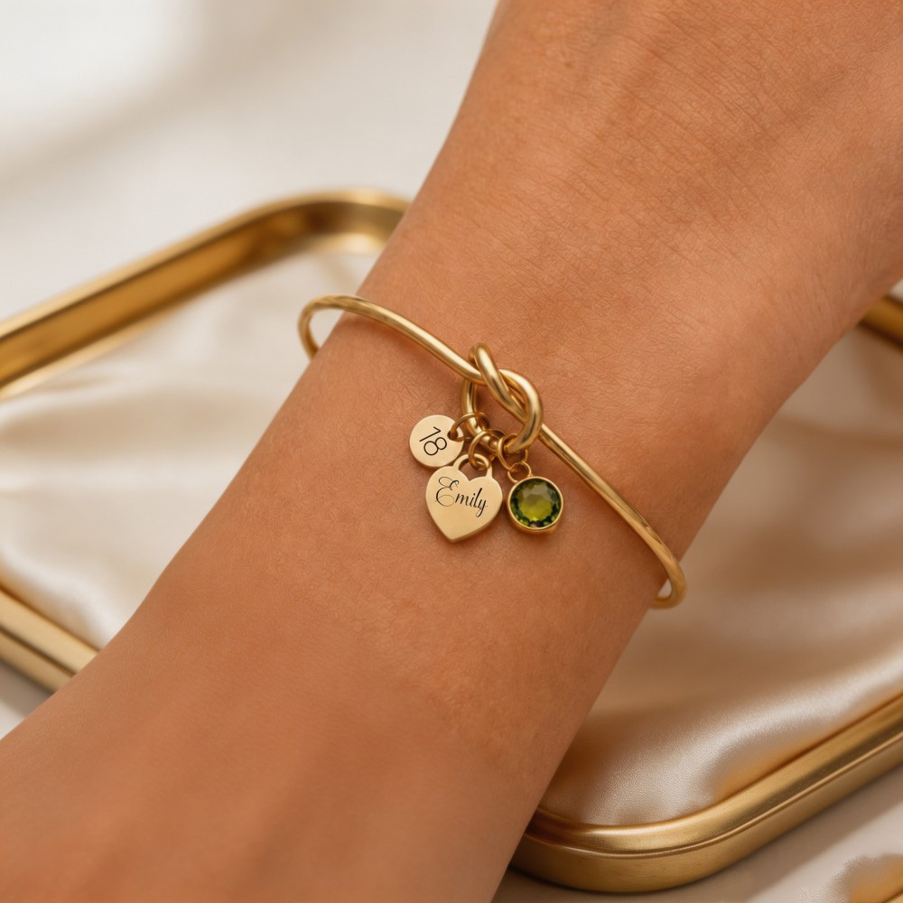 Personalized Birthstone Heart Bracelet, Custom Name Bracelet, Milestone Birthday Gift, Gold Knot Bangle Bracelet for Her, 13th 16th 18th 21st 30th Birthday