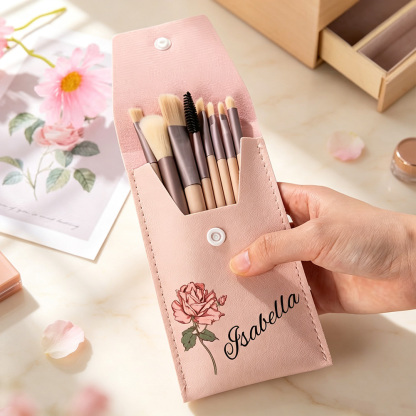 Personalized Watercolor Birth Flower Makeup Brush Bag with Name for Women Unique Birthday Wedding Christmas Gift for Her