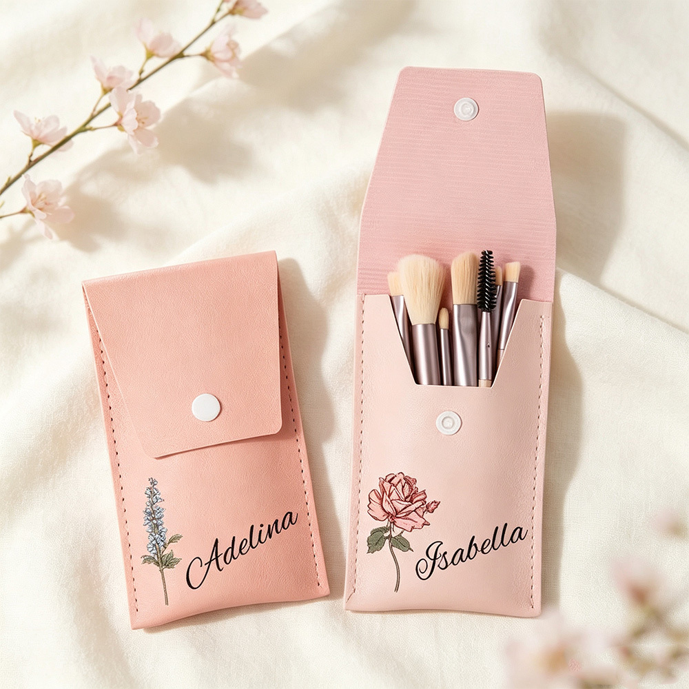 Personalized Watercolor Birth Flower Makeup Brush Bag with Name for Women Unique Birthday Wedding Christmas Gift for Her