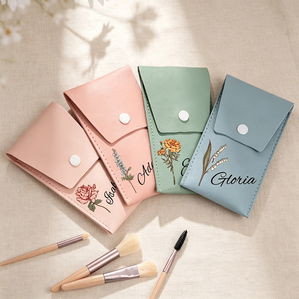 Personalized Watercolor Birth Flower Makeup Brush Bag with Name for Women Unique Birthday Wedding Christmas Gift for Her