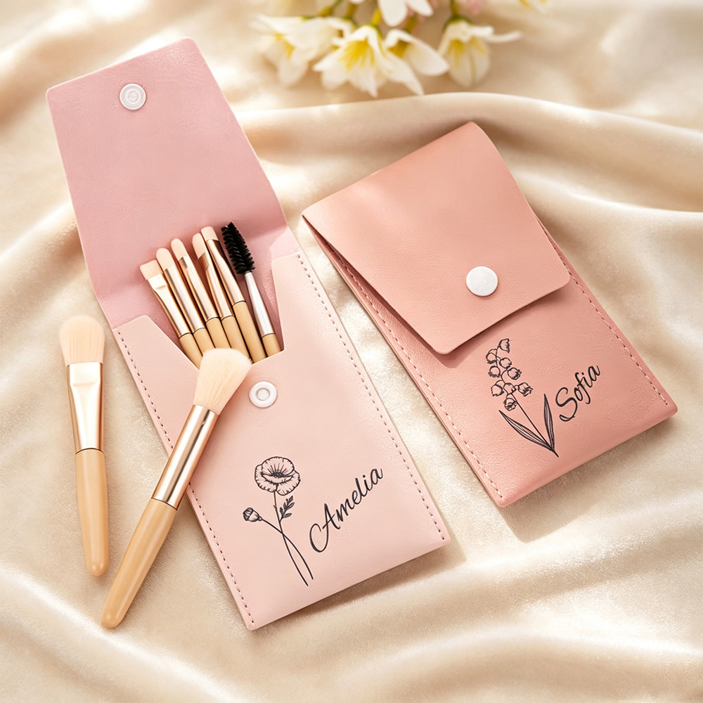 Personalized Birth Flower Makeup Brush Set with Custom Name, 8-Piece Travel Cosmetic Brushes and Storage Pouch, Gift for Women
