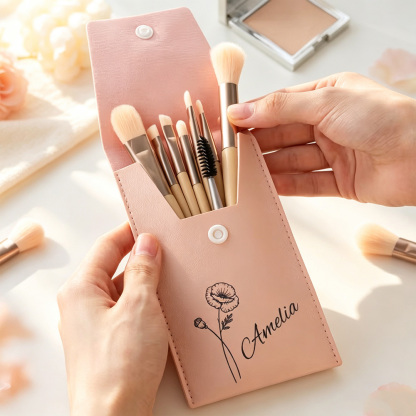 Personalized Birth Flower Makeup Brush Set with Custom Name, 8-Piece Travel Cosmetic Brushes and Storage Pouch, Gift for Women