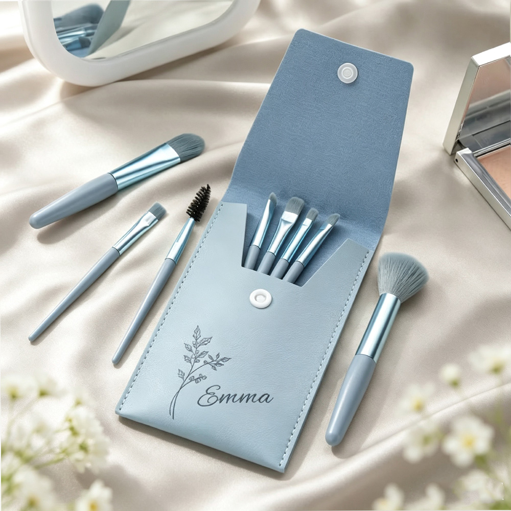 Personalized Birth Flower Makeup Brush Set with Custom Name, 8-Piece Travel Cosmetic Brushes and Storage Pouch, Gift for Women