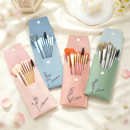 Personalized Birth Flower Makeup Brush Set with Custom Name, 8-Piece Travel Cosmetic Brushes and Storage Pouch, Gift for Women