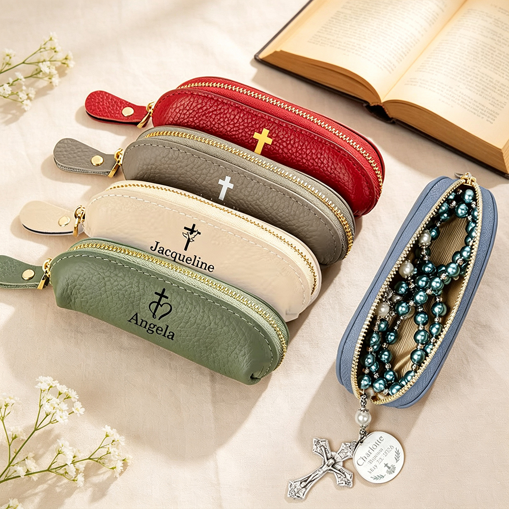 Personalized Christian Rosary Pouch with Name, PU Leather Zipper Prayer Bead Case, Baptism and Confirmation Gift