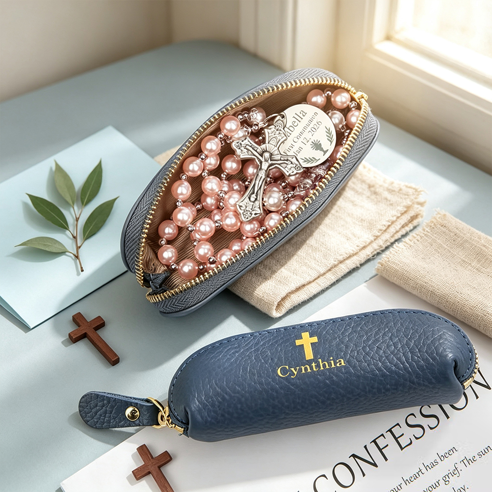 Personalized Christian Rosary Pouch with Name, PU Leather Zipper Prayer Bead Case, Baptism and Confirmation Gift
