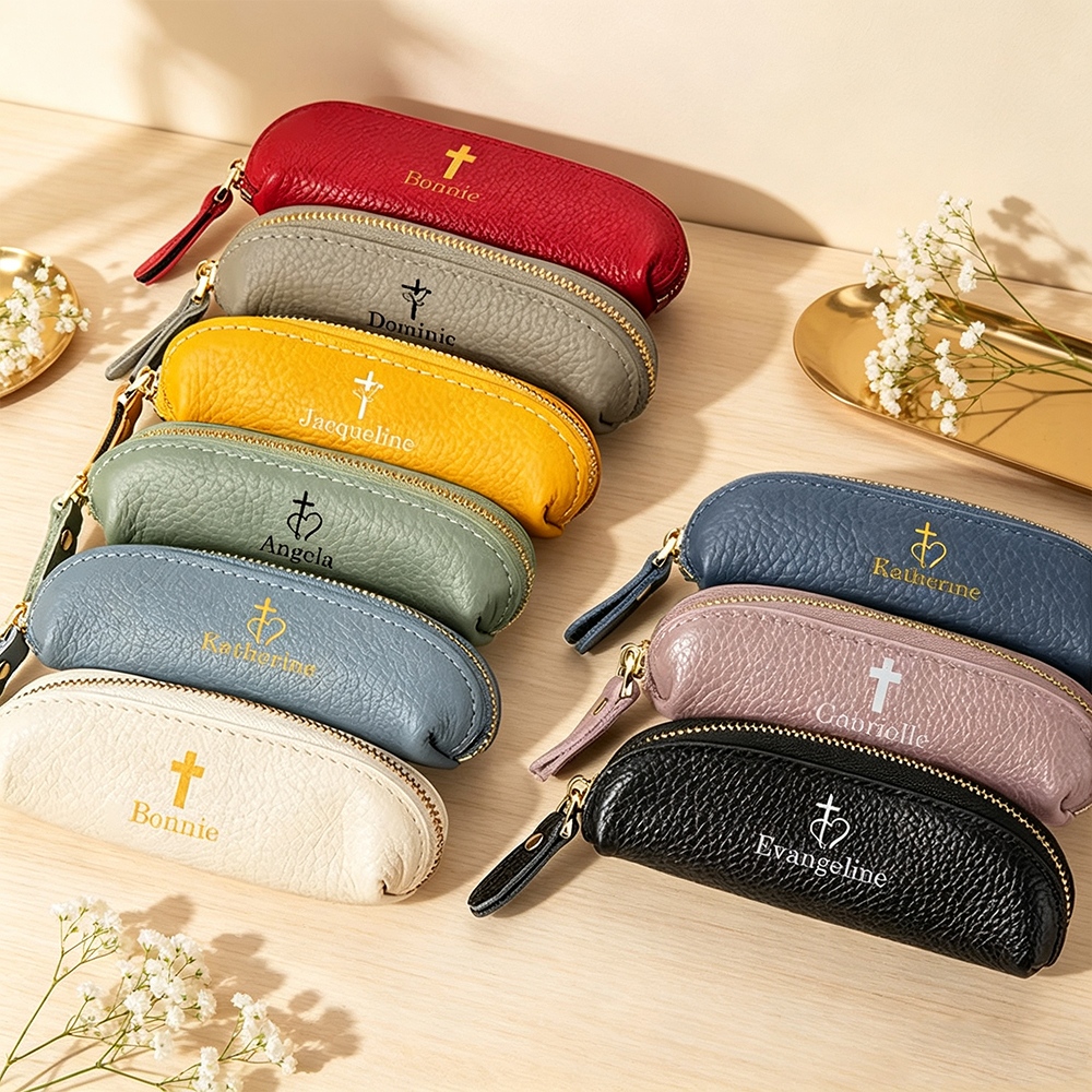 Personalized Christian Rosary Pouch with Name, PU Leather Zipper Prayer Bead Case, Baptism and Confirmation Gift