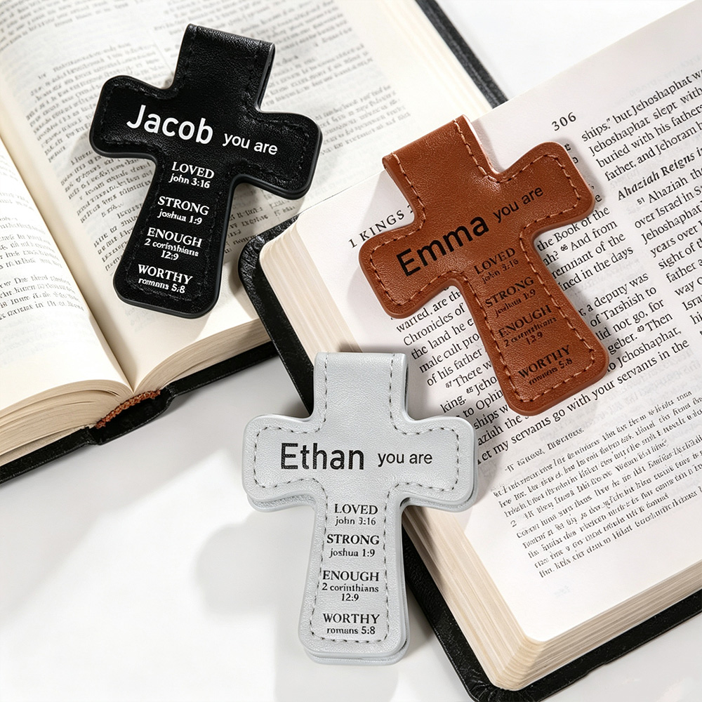 Personalized Cross Magnetic Bible Bookmark, Custom Name PU Leather Scripture Bookmark, Christian Gift for Baptism, Communion, Bible Lovers