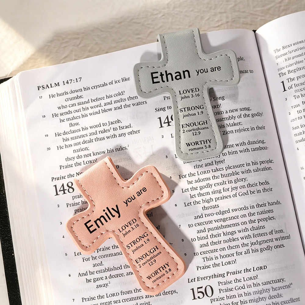Personalized Cross Magnetic Bible Bookmark, Custom Name PU Leather Scripture Bookmark, Christian Gift for Baptism, Communion, Bible Lovers
