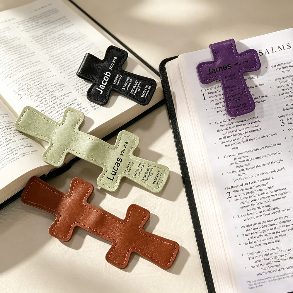 Personalized Cross Magnetic Bible Bookmark, Custom Name PU Leather Scripture Bookmark, Christian Gift for Baptism, Communion, Bible Lovers