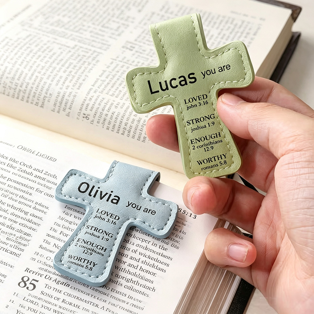 Personalized Cross Magnetic Bible Bookmark, Custom Name PU Leather Scripture Bookmark, Christian Gift for Baptism, Communion, Bible Lovers