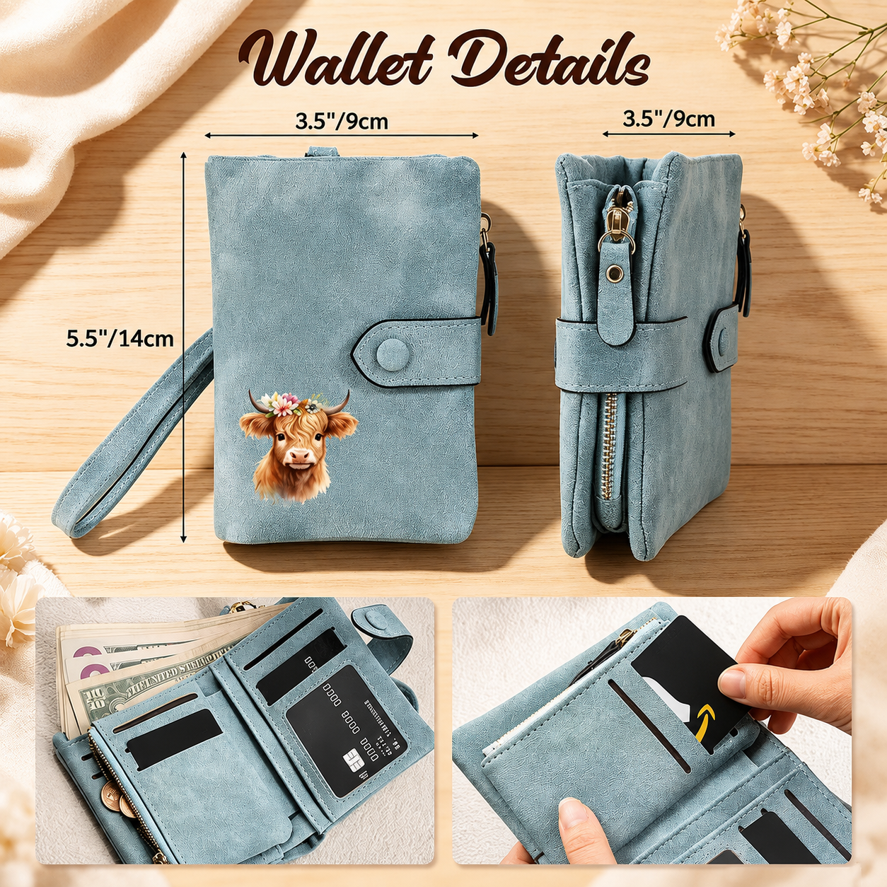 Personalized Floral Highland Cow Leather Tri-Fold Wallet with Card Holder & Wrist Strap – Custom Name Gift for Women
