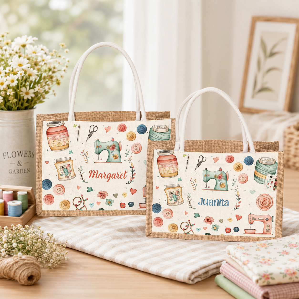 Personalized Sewing-Themed Jute Tote Bag – Custom Name Gift for Crafters, Mother’s Day, Birthdays & Everyday Use