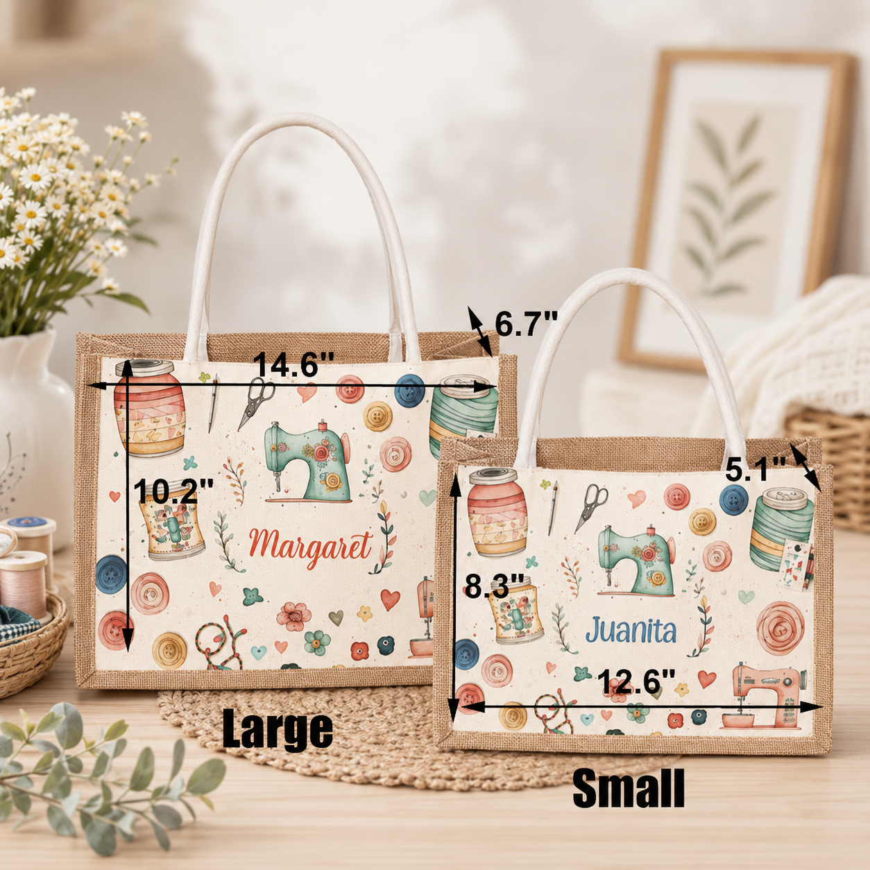 Personalized Sewing-Themed Jute Tote Bag – Custom Name Gift for Crafters, Mother’s Day, Birthdays & Everyday Use