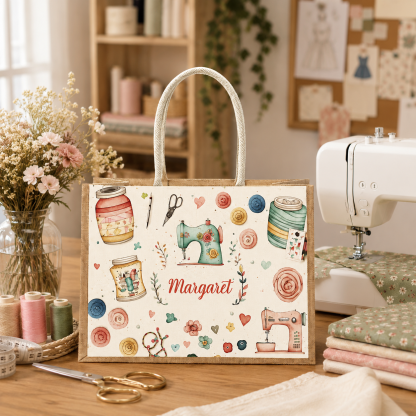 Personalized Sewing-Themed Jute Tote Bag – Custom Name Gift for Crafters, Mother’s Day, Birthdays & Everyday Use