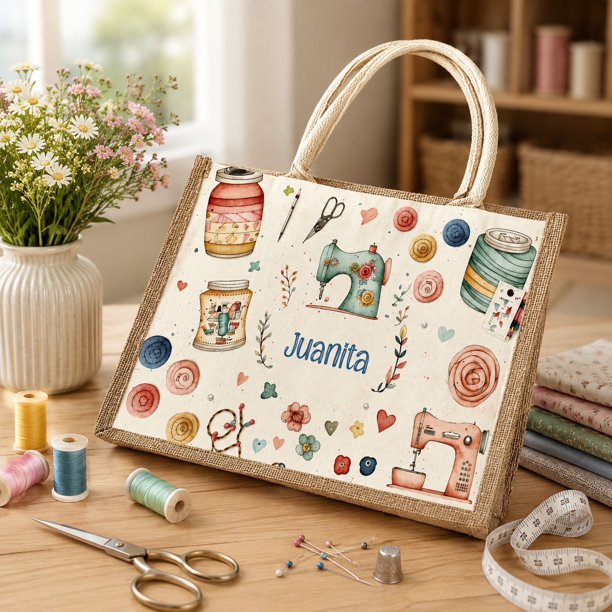 Personalized Sewing-Themed Jute Tote Bag – Custom Name Gift for Crafters, Mother’s Day, Birthdays & Everyday Use