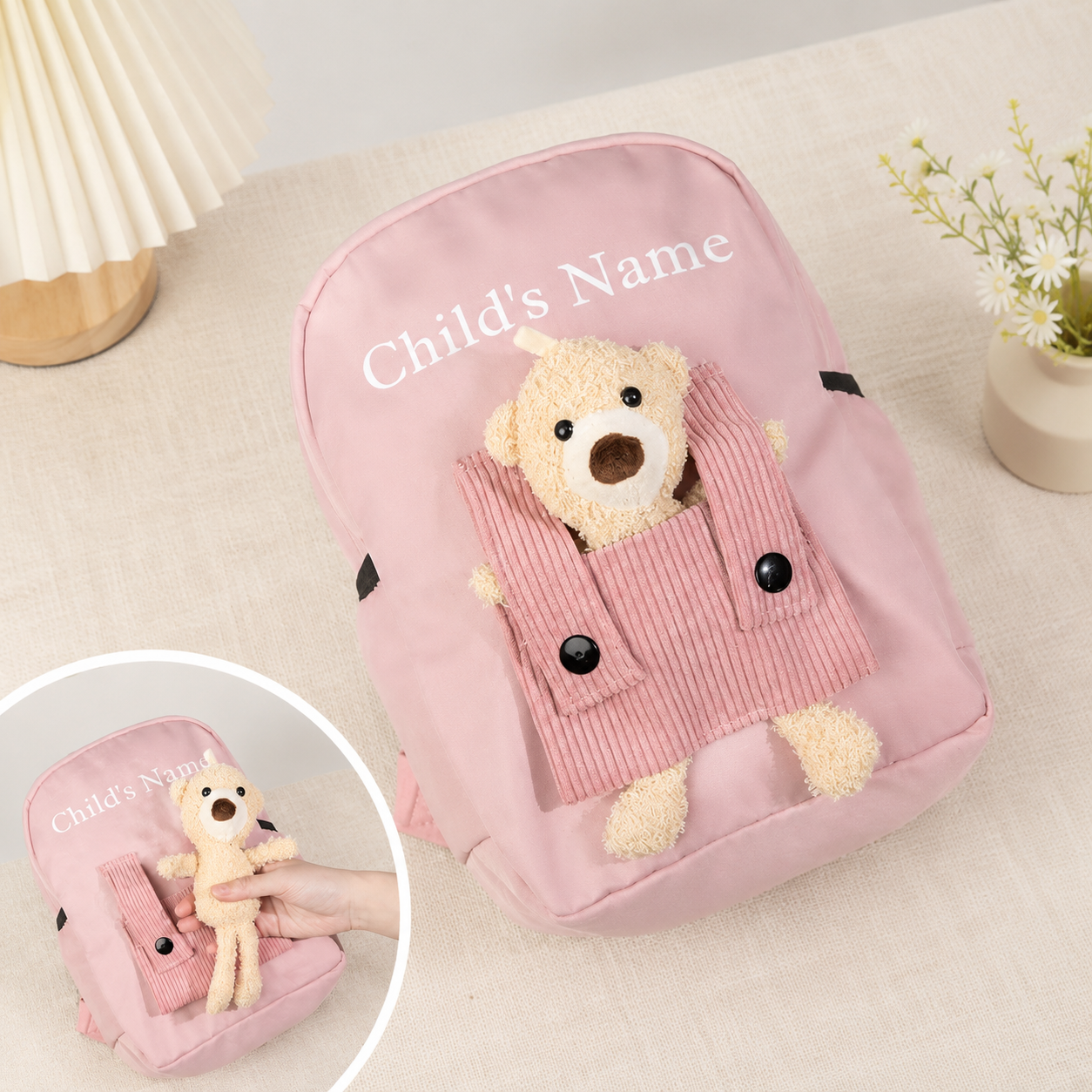Personalized Teddy Bear Backpack with Detachable Plush – Custom Name Kids School Bag