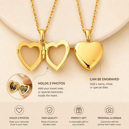 Personalized Heart Locket Necklace – Custom Photo & Initial Gold Heart Necklace Gift for Her