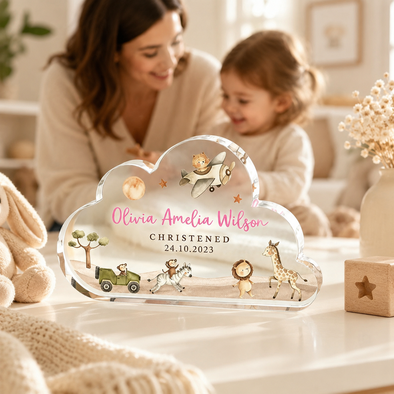 Personalized Baby Christening Keepsake – Custom Acrylic Cloud Plaque with Name & Baptism Date