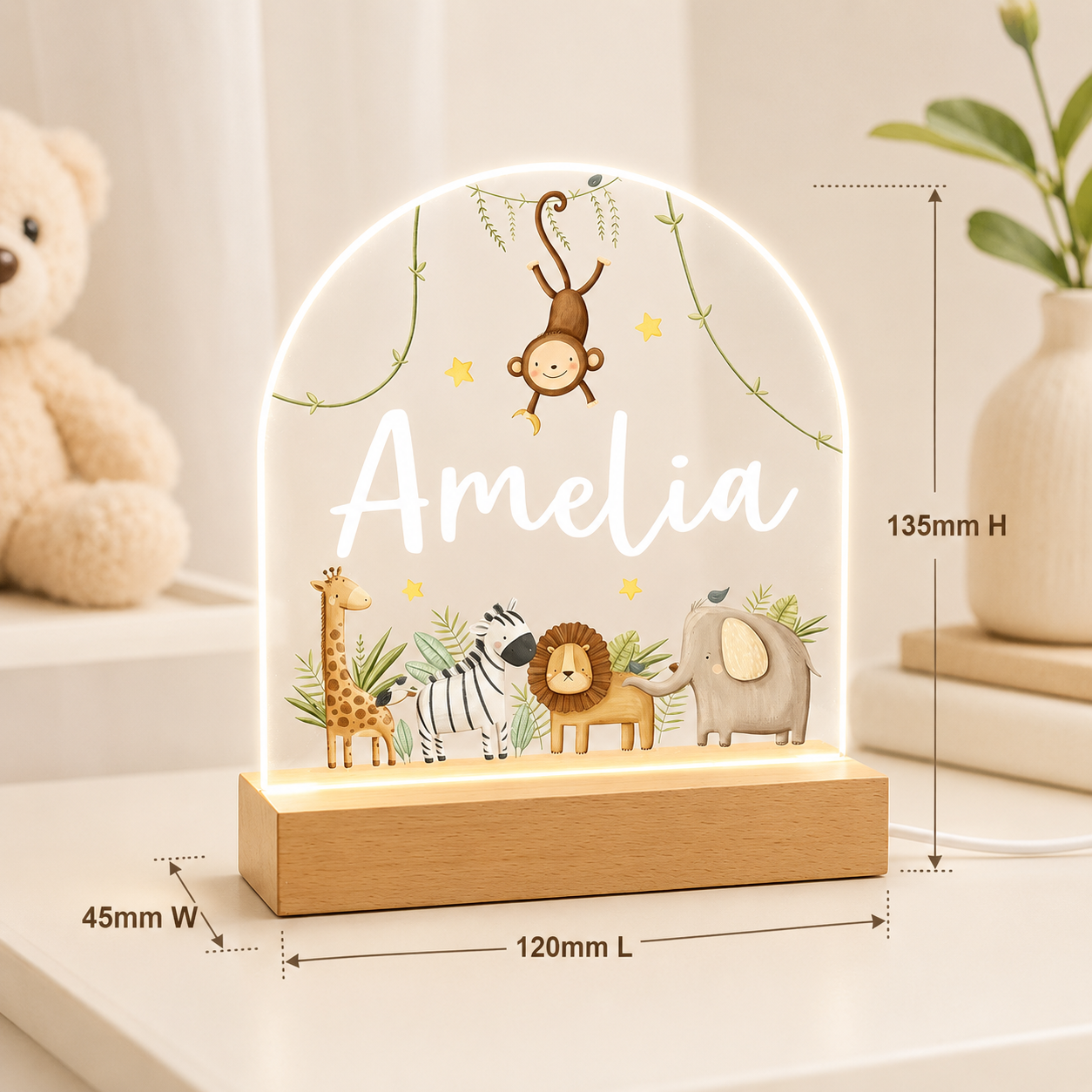 Personalized Safari Animal Night Light – Custom Kids LED Lamp with Name, Nursery Decor & Birthday Gift
