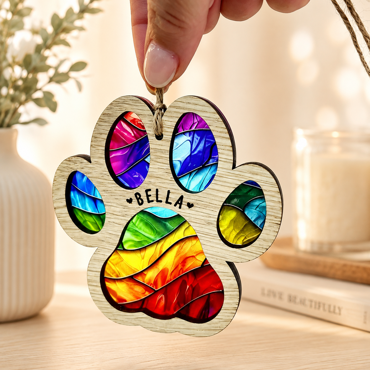 Personalized Pet Memorial Paw Ornament, Custom Dog Name Rainbow Bridge Keepsake, Stained Glass Style Pet Loss Gift, Sympathy Gift for Dog or Cat Lover