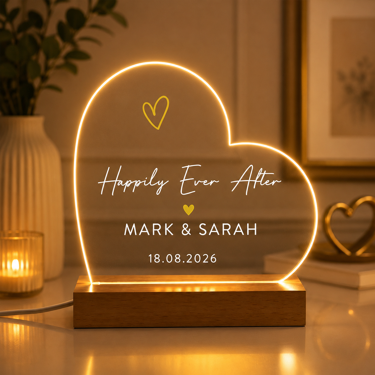 Personalized Wedding LED Light, Custom Couple Names & Date Acrylic Sign, Happily Ever After Night Light, Wedding Gift for Newlyweds, Anniversary Keepsake