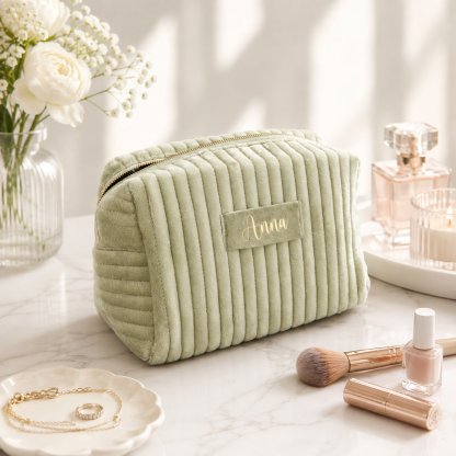 Personalized Corduroy Makeup Bag with Name, Quilted Cosmetic Pouch, Travel Toiletry Bag, Bridesmaid Gift for Her