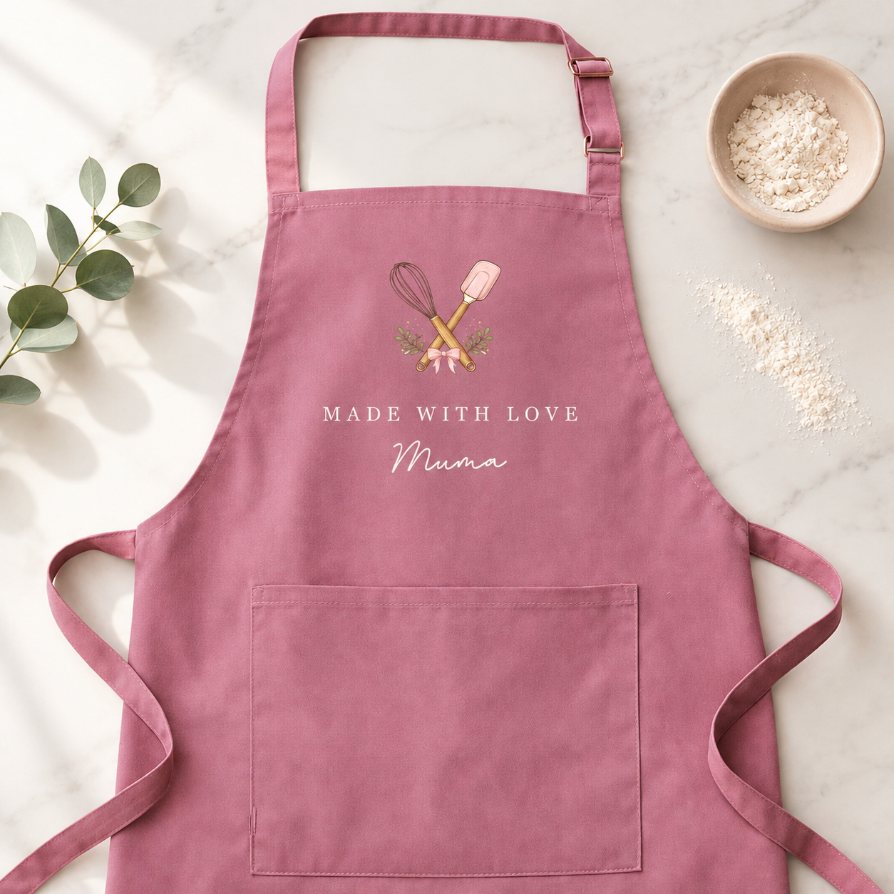 Personalized Baking Apron, Custom Name Kitchen Apron, Made With Love Baker Apron with Pocket, Gift for Mom, Grandma, Home Baker or Cooking Lover