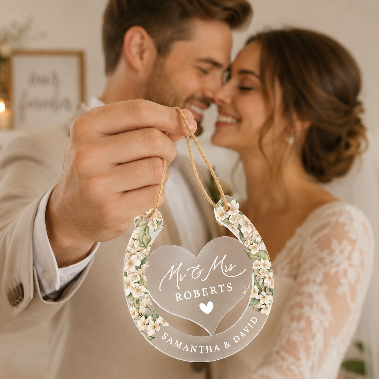Personalized Wedding Horseshoe Ornament – Custom Mr & Mrs Acrylic Keepsake Gift for Newlyweds