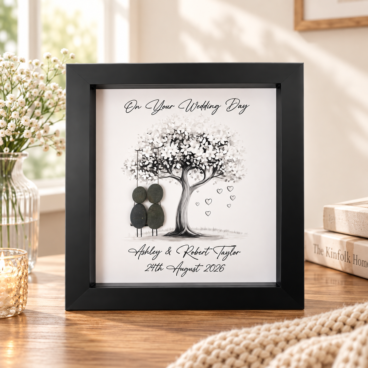 Personalized Pebble Art Wedding Frame, Custom Couple Names & Date Keepsake, Handmade Wedding Gift, Anniversary Gift for Newlyweds