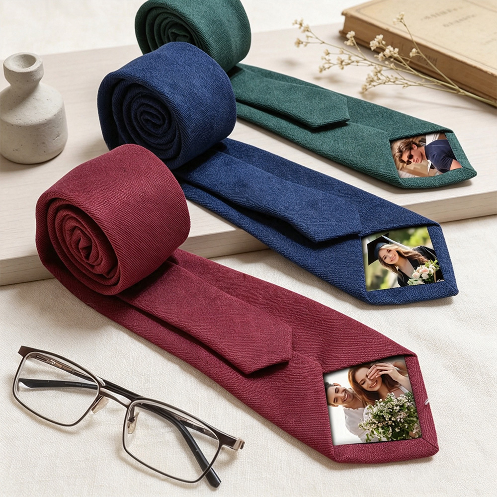 Personalized Photo Tie with Custom Name, Hidden Photo Patch Necktie in Gift Box, Wedding Tie Gift for Husband Dad Boyfriend Groomsmen