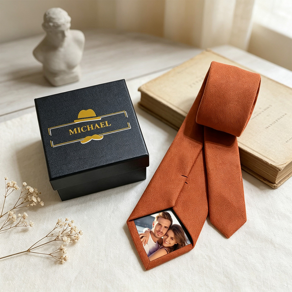 Personalized Photo Tie with Custom Name, Hidden Photo Patch Necktie in Gift Box, Wedding Tie Gift for Husband Dad Boyfriend Groomsmen