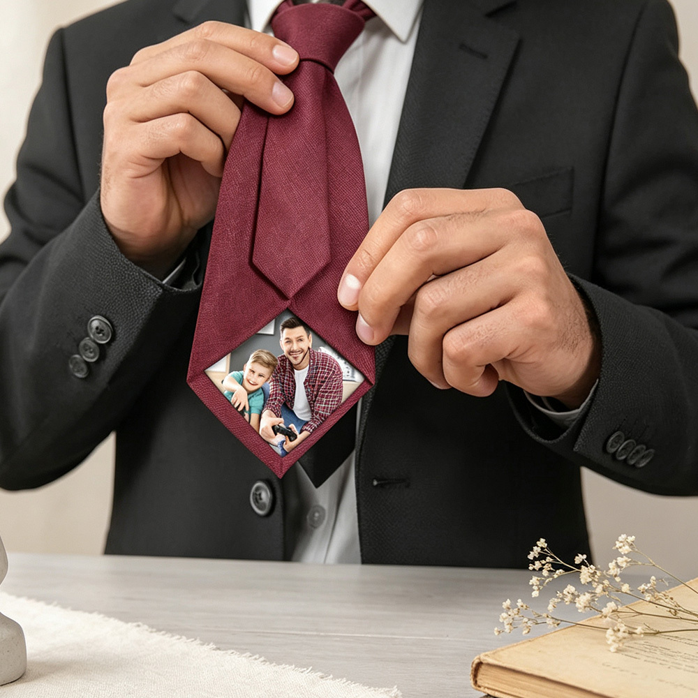 Personalized Photo Tie with Custom Name, Hidden Photo Patch Necktie in Gift Box, Wedding Tie Gift for Husband Dad Boyfriend Groomsmen