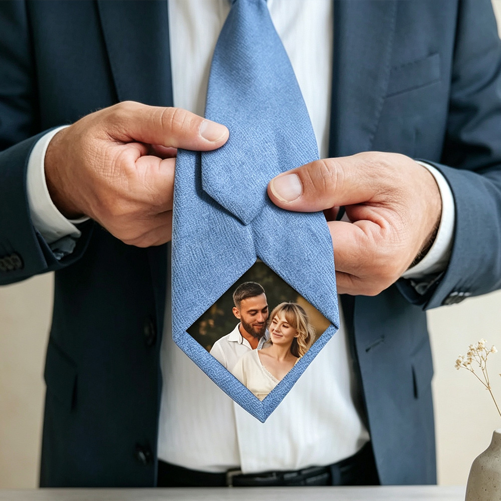 Personalized Photo Tie with Custom Name, Hidden Photo Patch Necktie in Gift Box, Wedding Tie Gift for Husband Dad Boyfriend Groomsmen