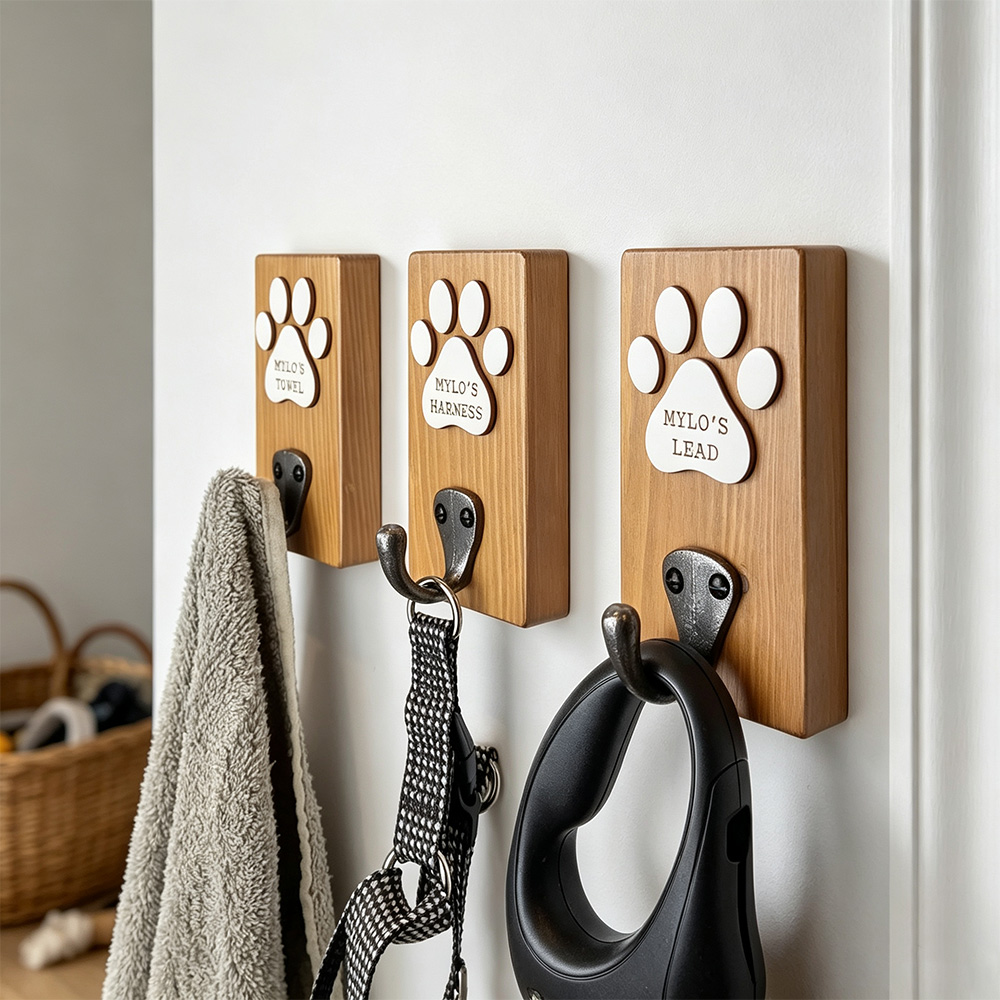 Personalized Dog Leash Holder, Custom Pet Name Wall Hook, Wooden Paw Print Dog Lead Rack, Dog Mom Gift, Pet Lover Home Decor