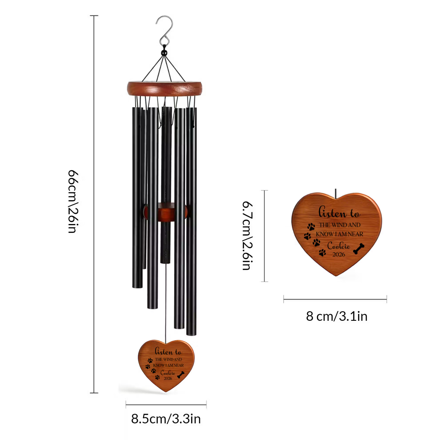 Personalized Pet Memorial Wind Chime with Paw Print, Custom Name and Year Wooden Hanging Decor, Sympathy Remembrance Gift for Dog and Cat Lovers